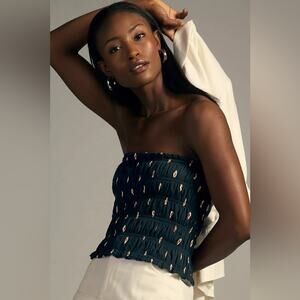 Anthropologie Smocked Tube Top 100% Cotton Chic Black Strapless Pattern Smock M